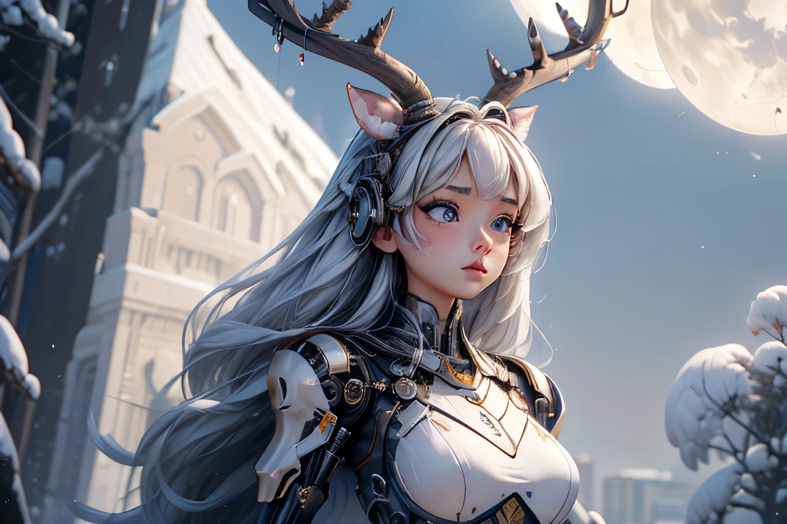 (masterpiece), (best quality), 8k resolution, 1girl, Asian girl, stunning beauty, perfect face, perfect body, mature female, 20yo, sexy, mecha armor, deer ear, huge deer horns, long hair, white hair, simple background, full body, deer body