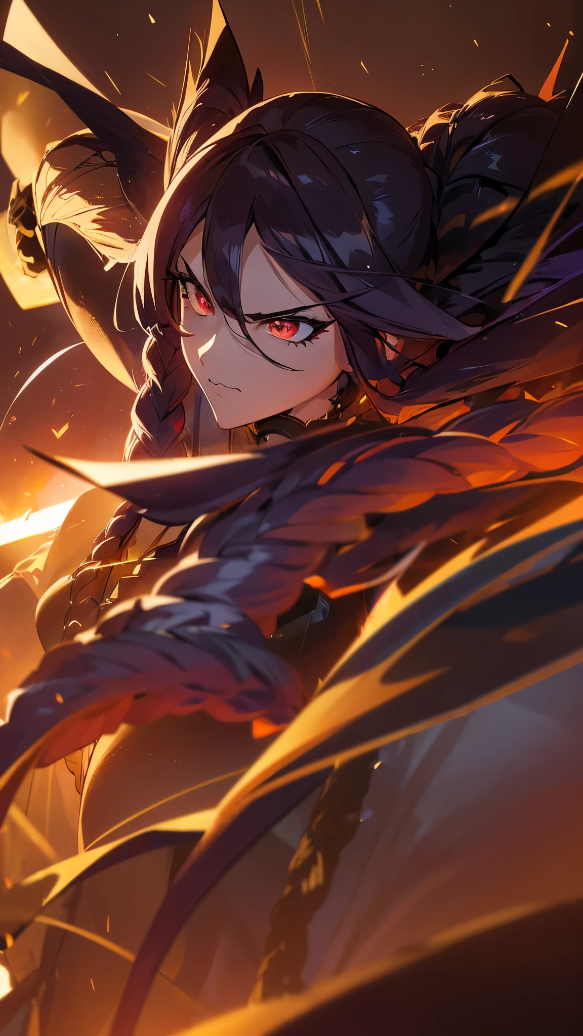 Arrogant girl, elegant dress, ((iron gloves with huge claws)), anime scene, braided hair, hairpins, intense look, dramatic lighting, ornate background, confident stance, fierce expression, strong presence, highly detailed CG, unit, 8K wallpapers, highest quality, high resolution, beautiful lighting, realistic shadow,detailed face Highly,detailed eyes Highly,detailed hair Highly