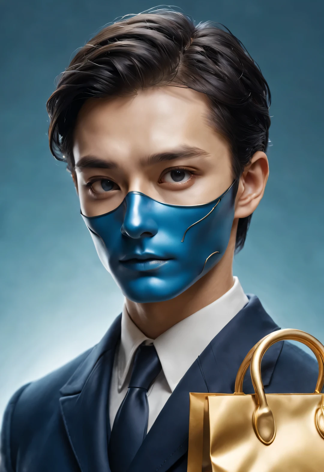 (male character design), Half body photo, Staring at the camera,
(Chinese handsome guy, Lanling Wang Gao Changgong, Carrying many brand-name bags), (The left half of her face wears an ornate blue and gold metal mask.: 1.1), (Messy and long white hair: 1.0), (Wearing a royal blue plaid woolen coat: 0.8), Have a perfect figure, square face, Fair and delicate skin, red lips, high nose bridge, deep eyes, There is an extraordinary heroic spirit between his eyebrows. He has a slender figure, Has beautiful muscle lines, like a perfect sculpture. His character is brave and beautiful, like a woman, Be brave and decisive. There is an indescribable tenderness and warmth deep in his heart. Audrey hepburn, Jude Law, Jude Law (inspired by actor Jude Law), Surrealism, background: City Mall, HD, high quality, HD analysis, 32k,