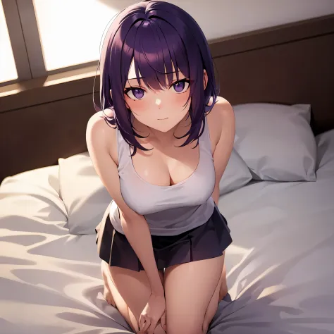 Close up, Purple hair, medium hair,white tank top, skirt, young adult, 1 girl, standing, looking at viewer, bed, kneeling on bed...