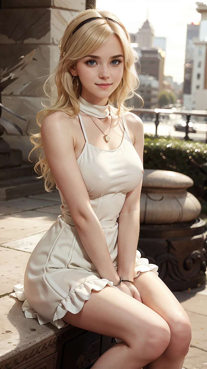 22 year old white female、hair color is blonde、blue eyes、long hair、The ends of the hair are wavy、Her hair is cut into a bob with fringe.、accessories on wrist、wearing a necklace、has earrings、skin is smooth、ruddy、Slender but muscular body、smile、high resolution、My heart is pounding、I&#39;m wearing a mini-length pleated skirt、I&#39;m punching my chest、erotic look、wearing a high neck sweater dress、Wearing a hairband、I&#39;m wearing lace gloves、I&#39;m sitting on the stone steps in the city, hugging one knee.、smile