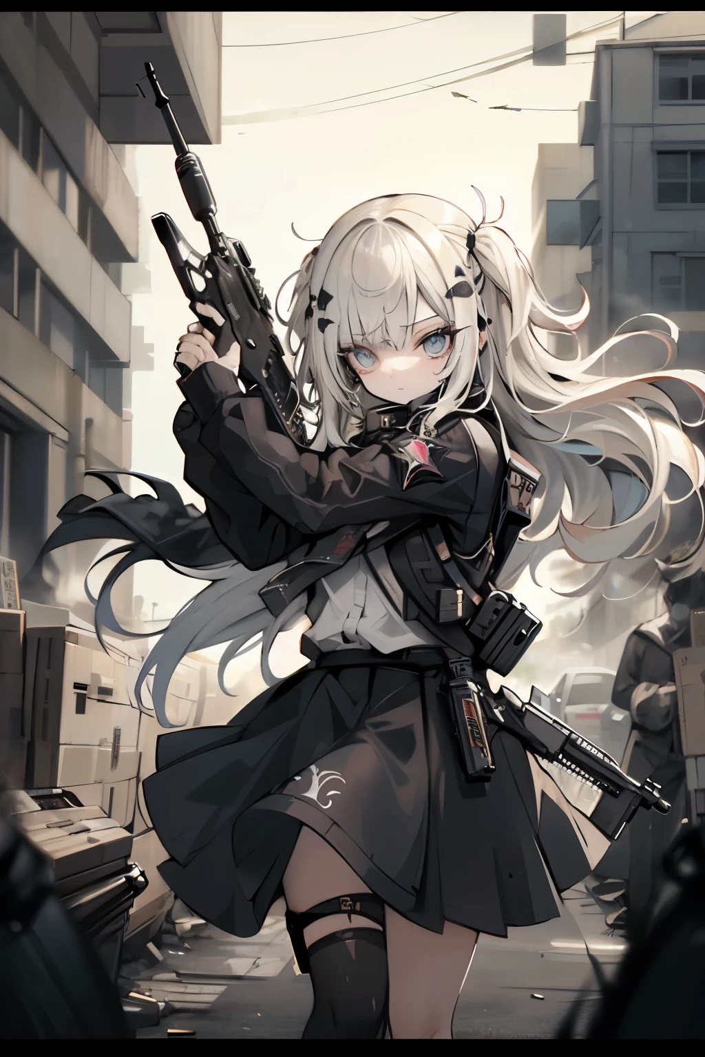 Anime girl with gun in city street with buildings in background - SeaArt AI