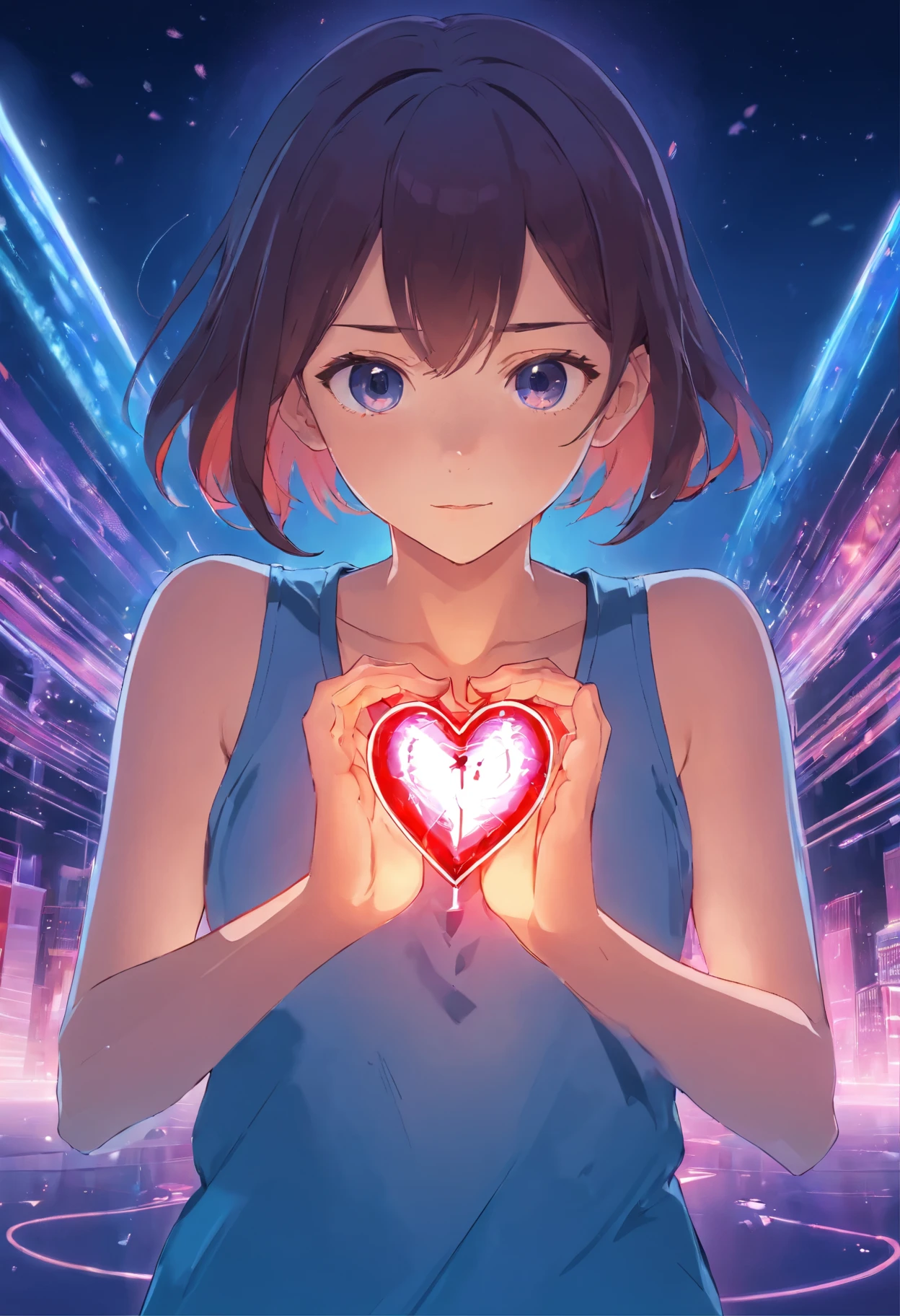 Anime girl holding a heart in her hands with a city in the background -  SeaArt AI