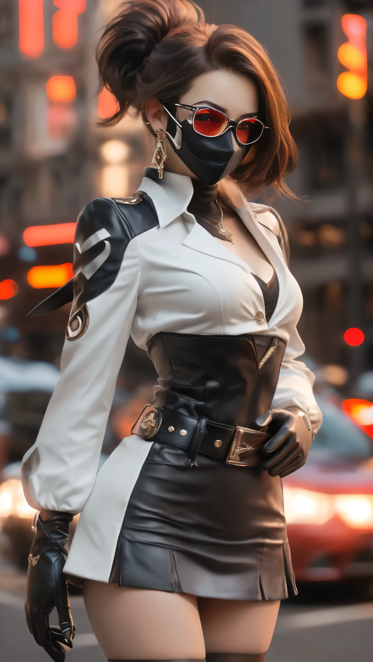 1girl, mask, solo, gloves, mouth_mask, lights, jewelry, night, navel, belt, neon_lights, sunglasses, ponytail, city, looking_at_viewer, black_pants, fingerless_gloves, earrings, midriff, breasts, building, standing, black_hair, asymmetrical_legwear, pants, elbow_gloves, hand_on_hip, shiny_clothes, thigh_strap, skirt, scarf, red_hair, medium_breasts, city_lights, bracelet, latex, 