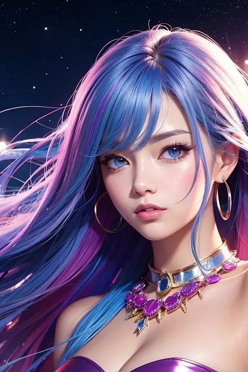 Close-up of a woman with rich and colorful hair and necklace, Cosmic hair anime girl, RossDraws soft vibrancy, The art in the st...