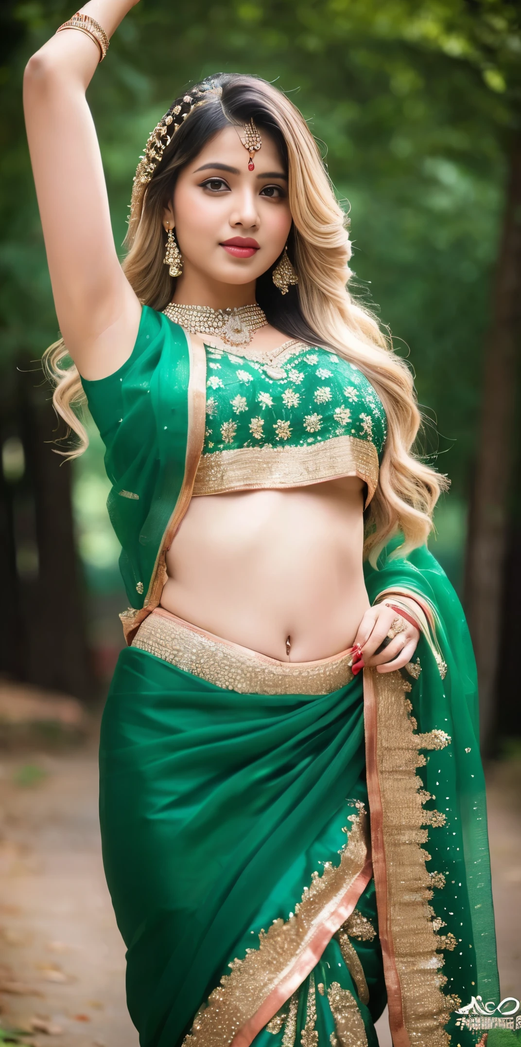 A beautiful indian woman in a green sari and gold jewelry - SeaArt AI