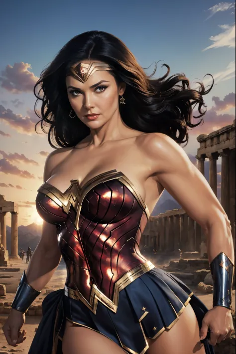 Art image of Lynda Carter as Wonder Woman, busty, beautiful, black hair, large breasts, ancient Athens background, by Louis Royo...