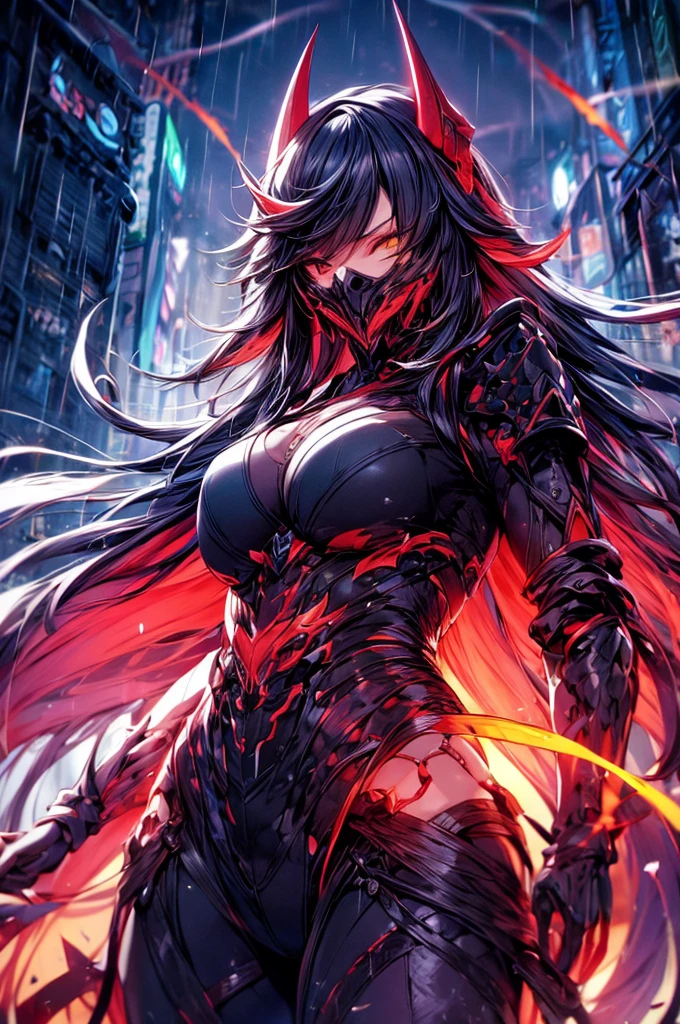 Perfect masterpiece, (Masterpiece:1.2), Best quality, high resolution, Beautiful detailed, Extremely detailed, Perfect lighting, high quality, high resolution, highest image quality, 8k hd. 
1girl. 
blood red and blue hair, Faceless, yellow eyes, glowing eyes, demon horns, long horns. 
Elegant. 
blood red and black uniform, battle armor, heavy metal, Energy lines, masks.
Night, flames on the background, dark clouds, thunderstorm, heavy rain. 
Dramatic lighting.
Highly detailed background.
