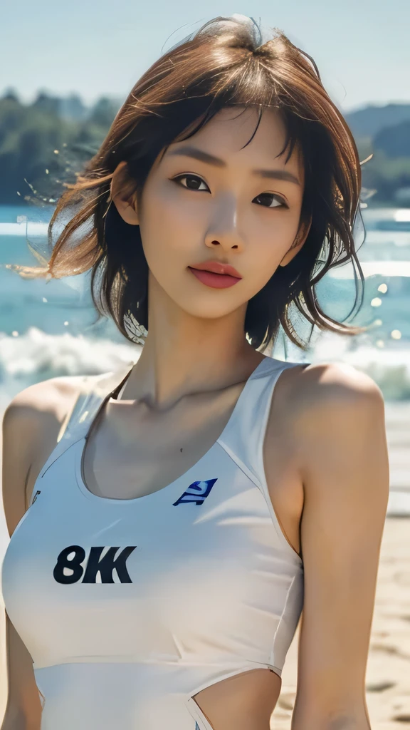 Menina asiática esbelta, Ídolo do K-pop, ((vôlei de praia)), ((mais alta qualidade, 8K, Obra de arte: 1.3)), foco nitído: 1.2, Mulher bonita com figura perfeita: 1.4, Textura altamente detalhada do rosto e da pele, Belos olhos, magrelo, rosto bonito, rosto simétrico, Comprimento total, Um pouco nu, Sensual, peito parcialmente visível