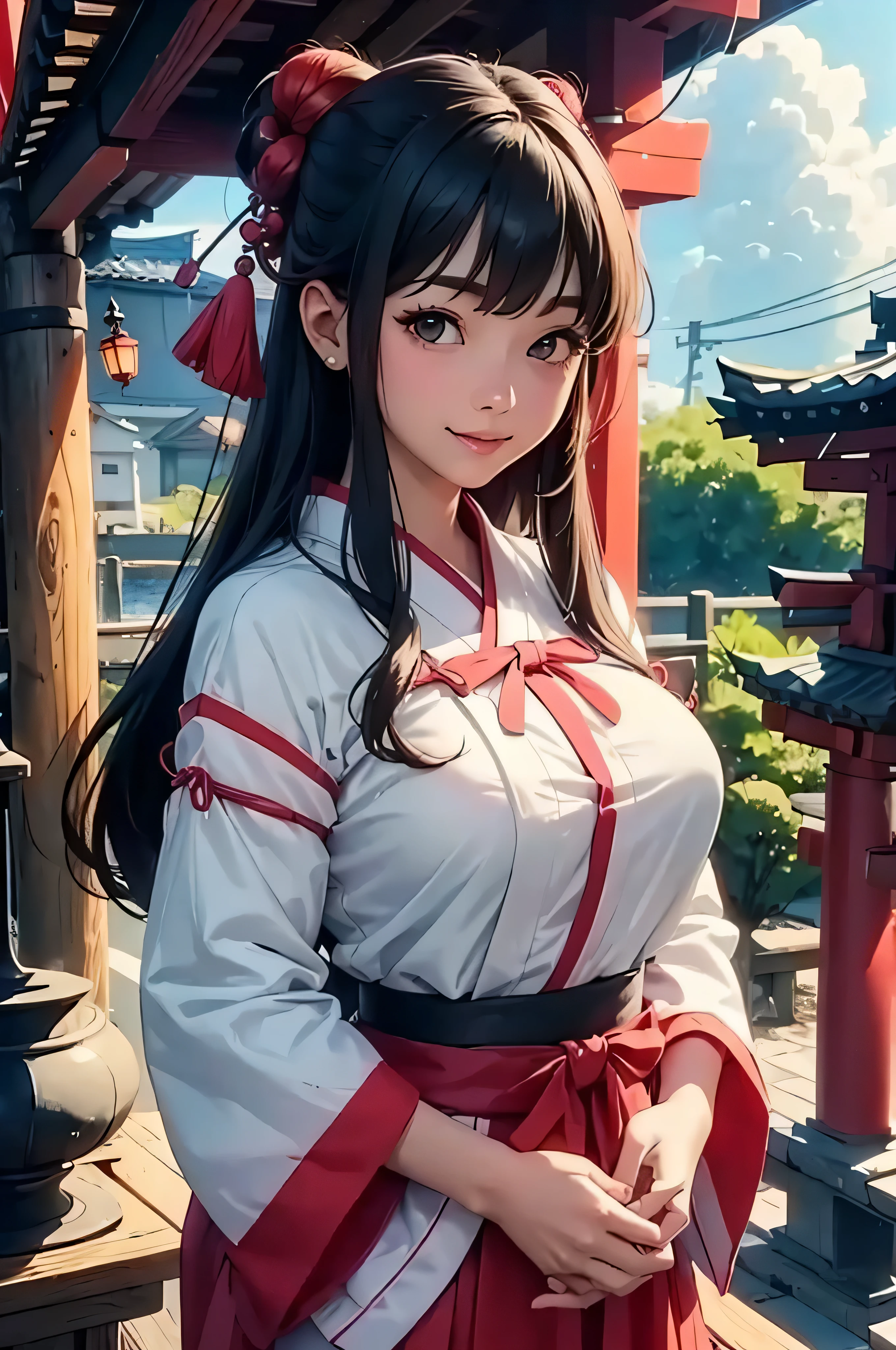 (((RAW image quality:1.4))), highest quality、pieces fly、(Japanese beauty、shrine maiden、25 years old、Beautiful woman:1.5、cute:2、beautiful、G cup)、(cloudy、big、torii)、(smile、slightly red cheeks)、shrine, real baby, (3D CG),