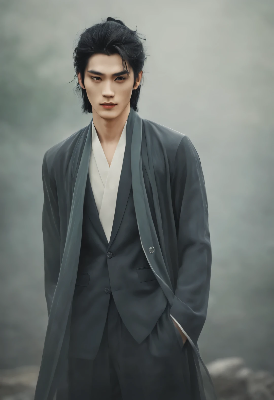 （male character design），（Half-length close-up），（Close-up of front view of melancholy handsome Chinese man Pan An），（Pan An wears modern and fashionable men&#39;s clothing&#39;S suit pants），（Pan An’s skin is fair and flawless），The bridge of his nose is high and straight，（Very long, long, long, Messy shawl hair：1.1），（Double eyelids, bright eyes, clear and bright big eyes），sad prince，Delicious food with red lips and white teeth，gentle melancholy，Pan An is tall and tall.，He has a strong physique，Toned muscles，Fresh and toned abs, His exquisite facial features，Kingly style，Noble temperament，Inspired by Chinese actor Hu Ge，black and white，Chinese ink painting，black and white插画，Surrealism，HD，