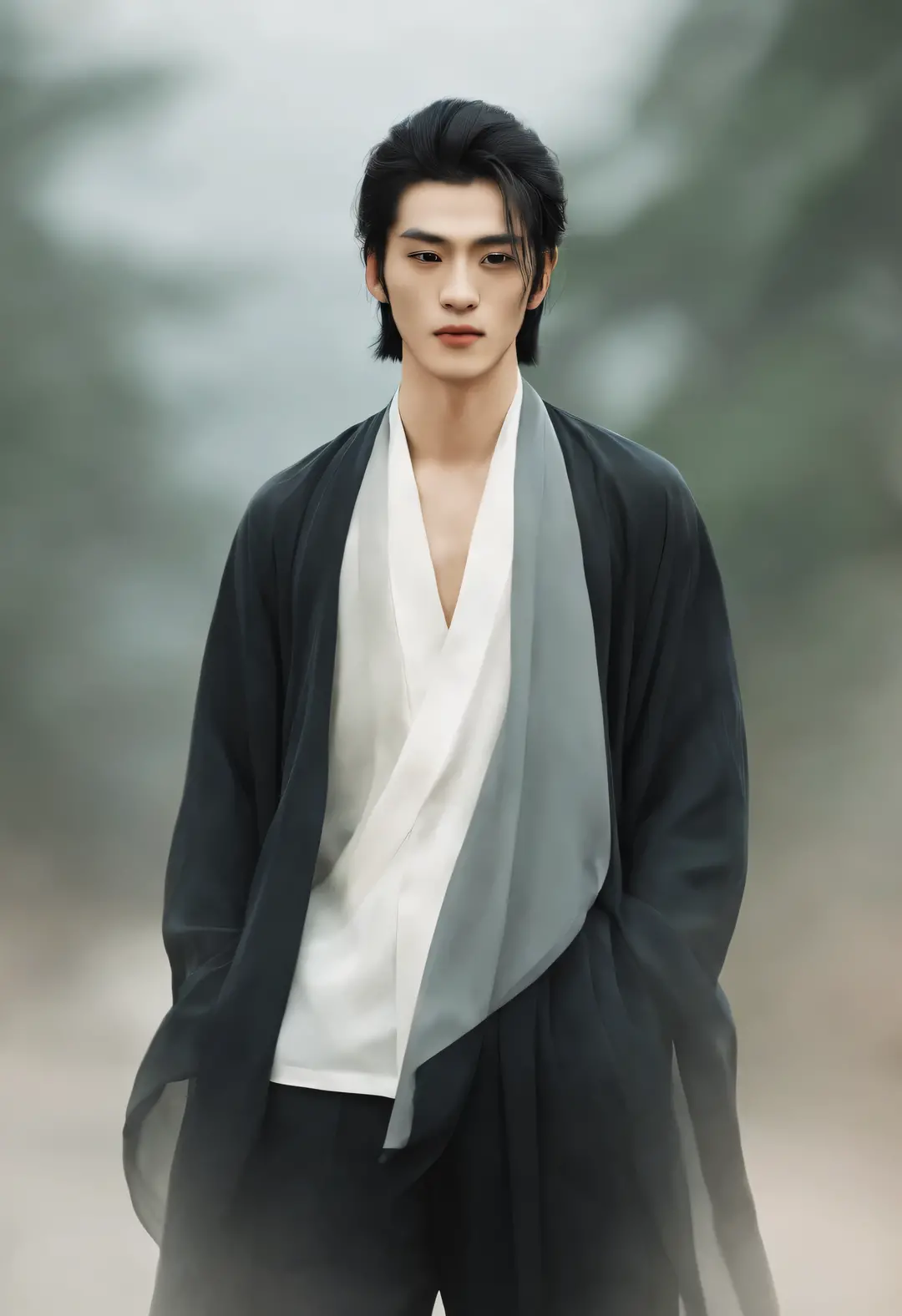（male character design），（Half-length close-up），（Close-up of front view of melancholy handsome Chinese man Pan An），（Pan An wears modern and fashionable men&#39;s clothing&#39;S suit pants），（Pan An’s skin is fair and flawless），The bridge of his nose is high ...