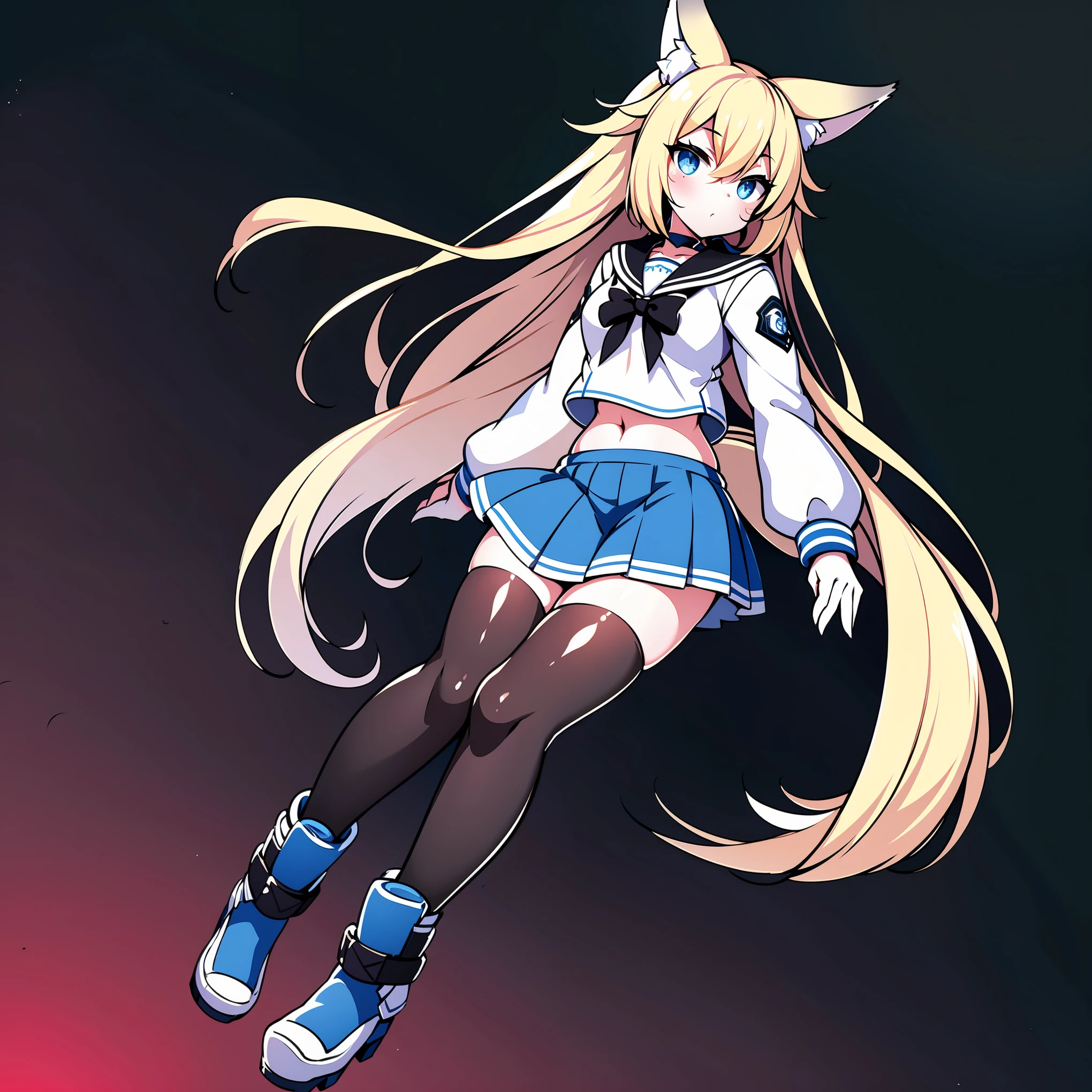 8k, resolution, high quality, high resolution, best quality, extremally detailed, best resolution, absurd resolution, ray tracing, high detailed, masterpiece, extremely detailed,shoulder length white hair, female,2 white wolf ears, teenage girl, slim body, white scale dragon tail,black boots,black leggings, navel blue school skirt, sailor shirt, white jacket, medium size chest, detailed blue eyes, detailed beautiful face,solo female,1 dragon tail, detailed eyes, tomboyish
