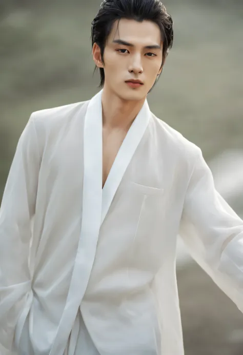 （male character design），（Half-length close-up），（Close-up of front view of melancholy handsome Chinese man Pan An），（Pan An wears modern fashionable white suit pants），（Pan An’s skin is fair and flawless），The bridge of his nose is high and straight，（Very long...