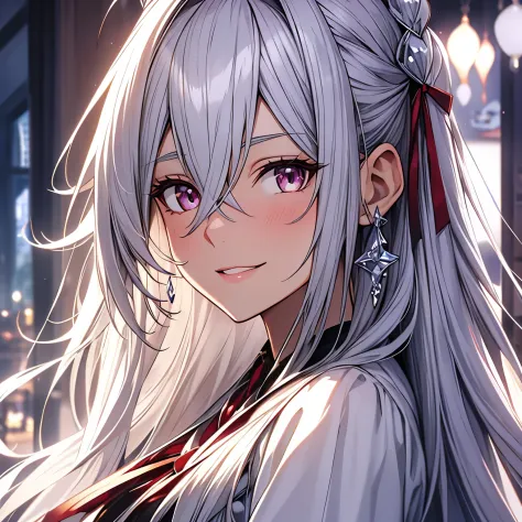 long hair, (crystal earrings:0.7), (blush, smile:0.8), silver hair, (hair strand:0.9), (ribbon:1.2), (parted lips:0.9), (ultra-d...