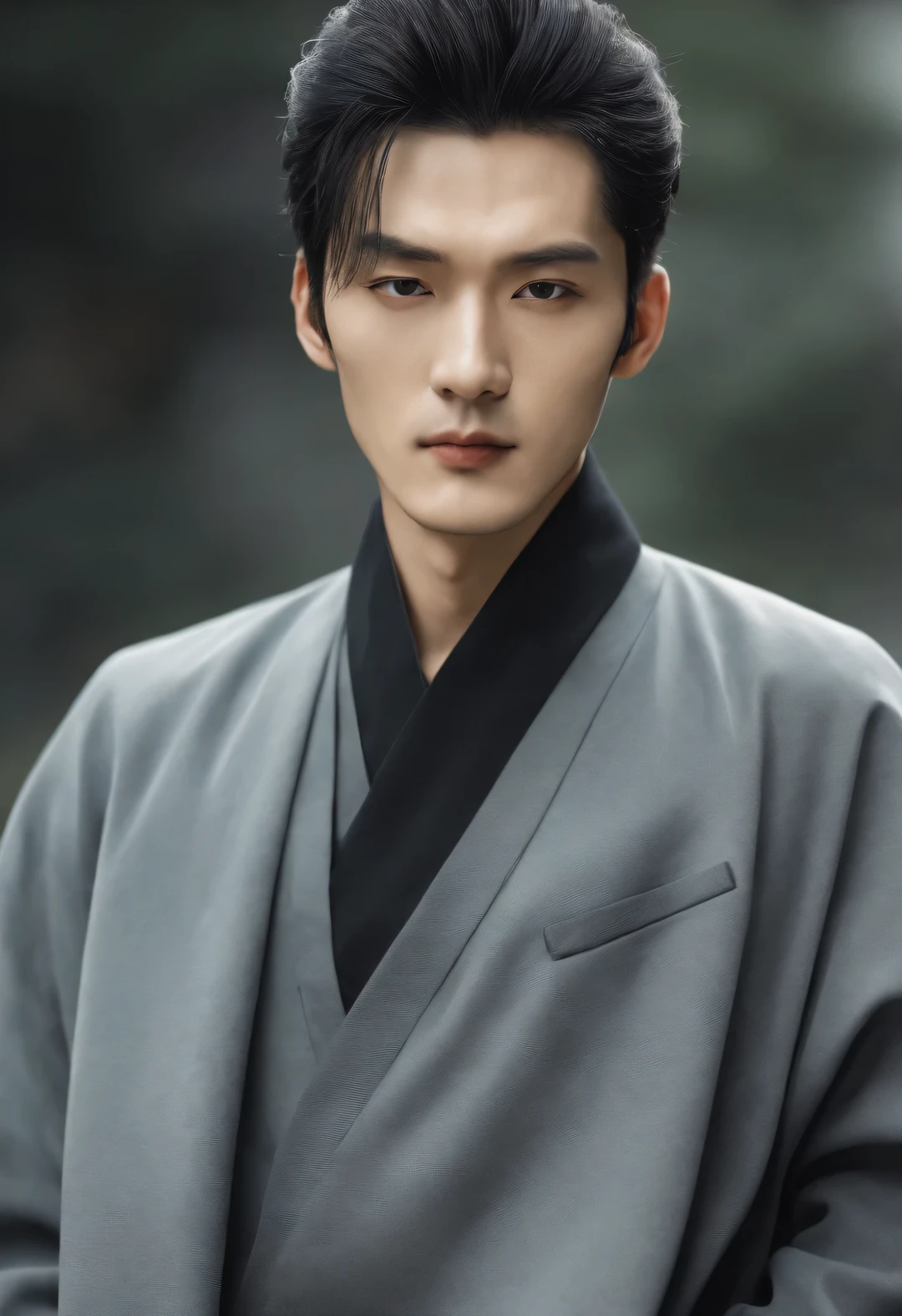 （male character design），（Half-length close-up），（Close-up of front view of melancholy handsome Chinese man Pan An），（Pan An is modern and fashionable in a gray woolen coat：0.8），（(male character design), Half body photo, Staring at the camera, (Chinese handsome man Wei Jie) He has a handsome face, Has delicate facial features, Tall figure, Delicate and fair skin, eyebrows, and unparalleled appearance. His eyes were bright and vibrant, People can't help but fall in love with him. His hair is styled into a high bun, Make him very handsome. HD, high quality, HD Analysis, 32K, Surrealism,，Kingly style，Noble temperament，Inspired by Chinese actor Hu Ge，black and white，Chinese ink painting，black and white illustrations，Surrealism，HD，