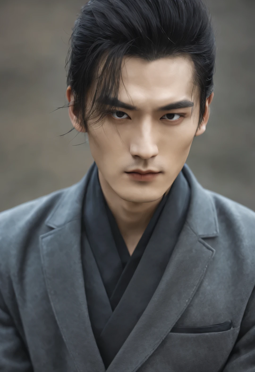 （male character design），（Half-length close-up），（Close-up of front view of melancholy handsome Chinese man Pan An），（Pan An is modern and fashionable in a gray woolen coat：0.8），（(male character design), Half body photo, Staring at the camera, (Chinese handsome man Wei Jie) He has a handsome face, Has delicate facial features, Tall figure, Delicate and fair skin, eyebrows, and unparalleled appearance. His eyes were bright and vibrant, People can't help but fall in love with him. His hair is styled into a high bun, Make him very handsome. HD, high quality, HD Analysis, 32k, Surrealism,，Kingly style，Noble temperament，Inspired by Chinese actor Hu Ge，black and white，Chinese ink painting，black and white插画，Surrealism，HD，