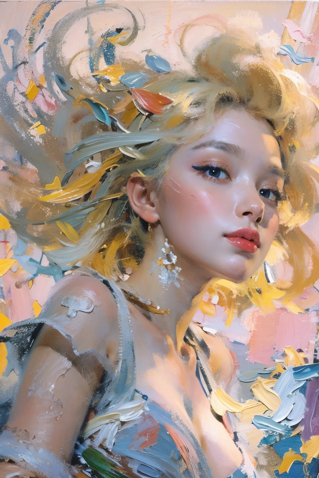 (oil painting:1.5), (NSFW:1.2), a woman joyfully twirling in the raining paint, paint raining, thick paint rainbow hair, body covered with paint, joyful, ((sfw)), calm facial expression, relaxed, gentle smile, (clothes made of liquid paint)), front view, (a girl with sailor moon style),illustration, vibrant colors, magical atmosphere,sparkling eyes,long blonde hair,anime art,smiling expression,cute pose,cosmic background,moonlit night,fantasy world,sparkling stars,stylish outfit,tiara,moon scepter,heart-shaped brooch,wavy hair,flowing ribbons,powerful magical aura,moonlight shining on her,shimmering details,glowing transformation sequence,peaceful and confident,sailor guardian of love and justice,inspired by the iconic anime series. Create an illustration using the soft and ethereal qualities of watercolor. Beautiful pink skin anime model full body, sun-bathing on floating cloud along the suns surface, enticing eyes, curly hair dreamy, background thick clouds,, hyperdetailed, detailed, (masterpiece) . high fashion, luxurious, extravagant, stylish, , opulent, elegance, stunning beauty, professional, high contrast, detailed, Depict a dreamy, whimsical scene with elements that seem to merge with the background