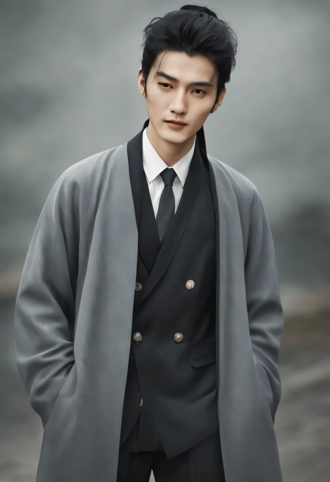 （male character design），（Half-length close-up），（Close up of sad handsome Chinese man Pan An smiling），（Pan An is modern and fashionable in a gray woolen coat：0.8），（(male character design), Half body photo, Staring at the camera, (Chinese handsome man Wei Jie) He has a handsome face, Has delicate facial features, Tall figure, Delicate and fair skin, eyebrows, and unparalleled appearance. His eyes were bright and vibrant, People can't help but fall in love with him. His hair is styled into a high bun, Make him very handsome. HD, high quality, HD Analysis, 32K, Surrealism,，Kingly style，Noble temperament，Inspired by Chinese actor Hu Ge，black and white，Chinese ink painting，black and white illustrations，Surrealism，HD，