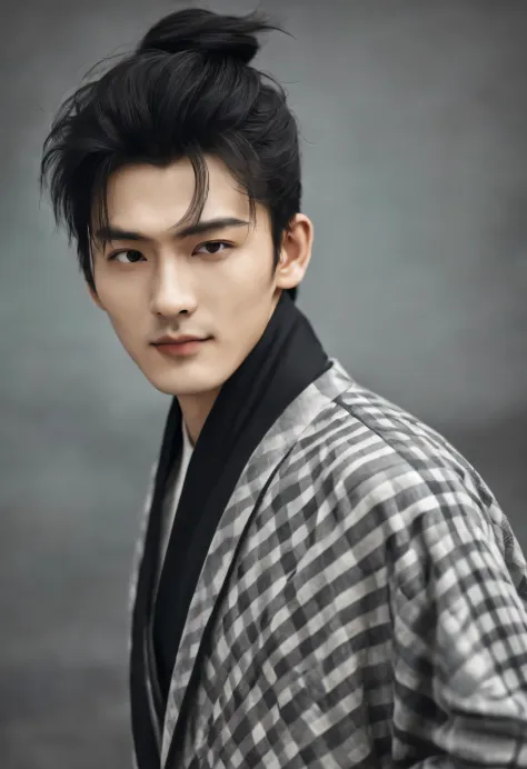 （male character design），（Half-length close-up），（Close up of sad handsome Chinese man Pan An smiling），（Pan An is modern and fashionable in a gray plaid woolen coat：1.37），（(male character design), Half body photo, Staring at the camera, (Chinese handsome man...