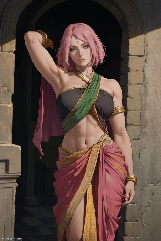 "(masterpiece), best quality, expressive eyes, perfect face, realistic face, realistic green eyes, Sakura Haruno, long wavy pink hair, crucified, dark dungeon, standing pose, arms raised above head, wrists tied above head, wrists to wall with chains, wearing indian saree, saree has black blouse, golden dupatta and golden pallu, shiny skin, perfect anatomy, beautiful sad eyes, head raised, haunting background, dynamic pose, photorealistic rendering"
