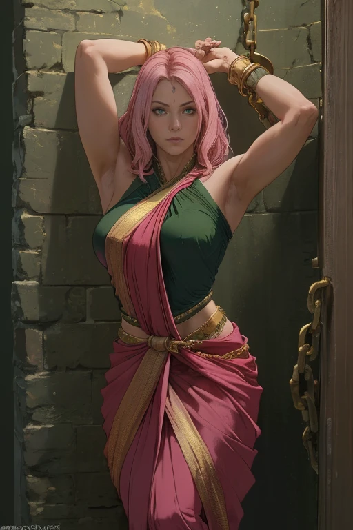 "(masterpiece), best quality, expressive eyes, perfect face, realistic face, realistic green eyes, Sakura Haruno, long wavy pink hair, crucified, dark dungeon, standing pose, arms raised above head, wrists tied above head, wrists to wall with chains, wearing indian saree, saree has black blouse, golden dupatta and golden pallu, shiny skin, perfect anatomy, beautiful sad eyes, head raised, haunting background, dynamic pose, photorealistic rendering"
