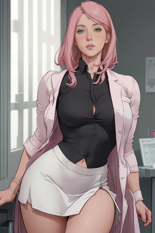 masterpiece, absurdres, sakura\(boruto\), 1girl, solo, mature woman, full body, upper body close up of a woman as a doctor, photorealistic, high resolution, hips up, look at viewer, (detailed face), doctor outfit, (((dark grey shirt, white lab coat, black mini skirt, exposed navel))), name tag, perfect composition, detailed lips, big breast, beautiful face, body proportion, blush, (pink lips), long pink hair, green-eyed, realistic eyes, soft gaze, super realistic, detailed, photoshoot, realistic face and body, standing in a hospital, detailed hospital background
