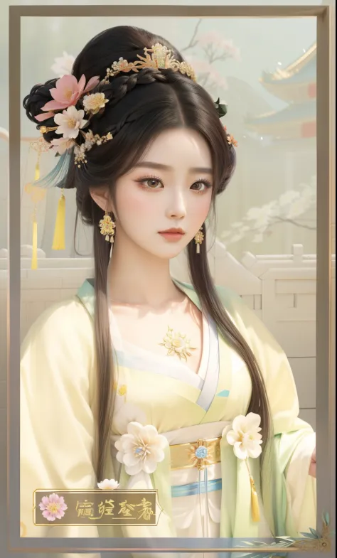 a close-up of a woman，there is a flower in her hairstyle and hair, ((beautiful fantasy queen)), beautiful fantasy queen, palace ...