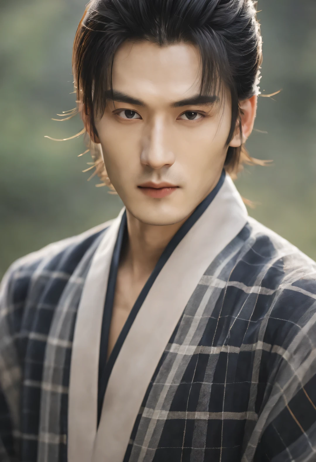 (male character design), Half body photo, Staring at the camera,
(Close-up of handsome Chinese boy Wei Jie making tea), He has a handsome face, Beautiful features, Tall figure, Delicate and fair skin, eyebrows, and unparalleled appearance. His eyes were bright and vibrant, People can't help but fall in love with him. His hair is styled into a high bun, Make him very handsome. (Wear a plaid coat)
HD, high quality, HD Analysis, 32k, Surrealism,