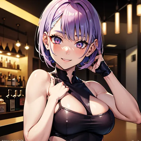 (((1girl) ,pale skin, Masterpiece, ultra quality)), purple short hair, red eyes, posing to pictures, muscle body,strong body,sexy black dress,nsfw,  oiled body, drinking a beer, smiling, on a bar