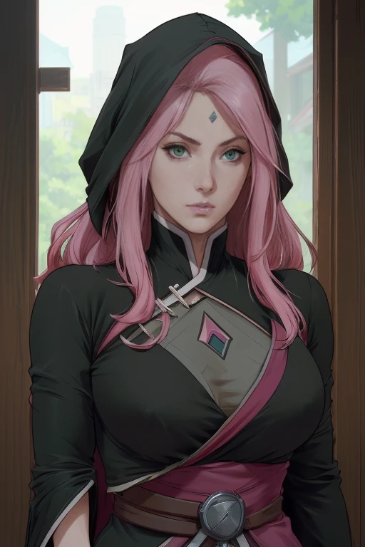 Super-realistic Fashion photoshoot of a pink haired mature female, sakura\(boruto\) as an assassin, perfect face, perfect nose, perfect green eyes, perfect lips, with (Pink wavy semi-long hair), wearing (Assassin's Creed style clothes, Moe lineage，Worn black robes，Shabby black clothes), shy and nervous expressions, low key image, sharp texture, 4k, 8k, shot with Canon EOS 5D Mark III, 50mm, f/8, realistic face and body, upper body closeup, big breasts, standing