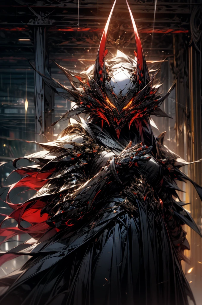 Perfect masterpiece, (Masterpiece:1.2), Best quality, high resolution, Beautiful detailed, Extremely detailed, Perfect lighting, high quality, high resolution, highest image quality, 8k hd. 
1guy. 
blood red and blue hair, Faceless, yellow eyes, glowing eyes, demon horns, long horns. 
Elegant. 
blood red and black uniform, battle armor, heavy metal, Energy lines, masks.
Night, flames on the background, dark clouds, thunderstorm, heavy rain. 
Dramatic lighting.
Highly detailed background.
