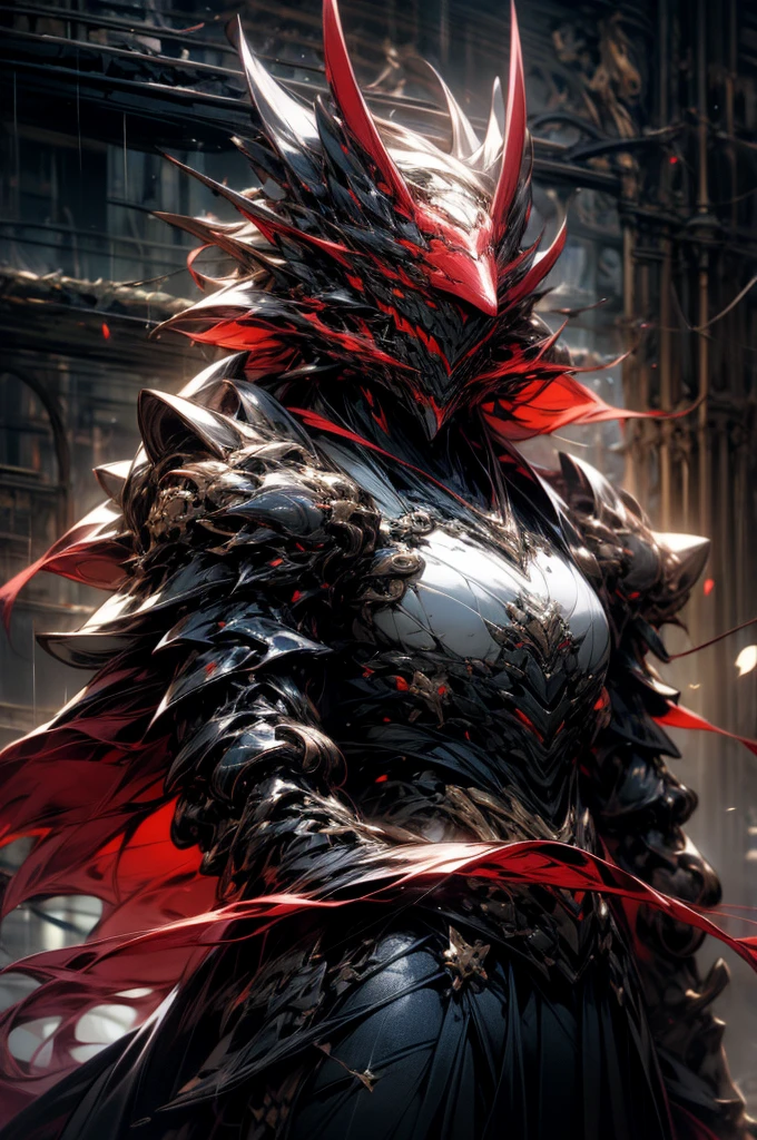 Perfect masterpiece, (Masterpiece:1.2), Best quality, high resolution, Beautiful detailed, Extremely detailed, Perfect lighting, high quality, high resolution, highest image quality, 8k hd. 
1guy. 
blood red and blue hair, Faceless, yellow eyes, glowing eyes, demon horns, long horns. 
Elegant. 
blood red and black uniform, battle armor, heavy metal, Energy lines, masks.
Night, flames on the background, dark clouds, thunderstorm, heavy rain. 
Dramatic lighting.
Highly detailed background.
