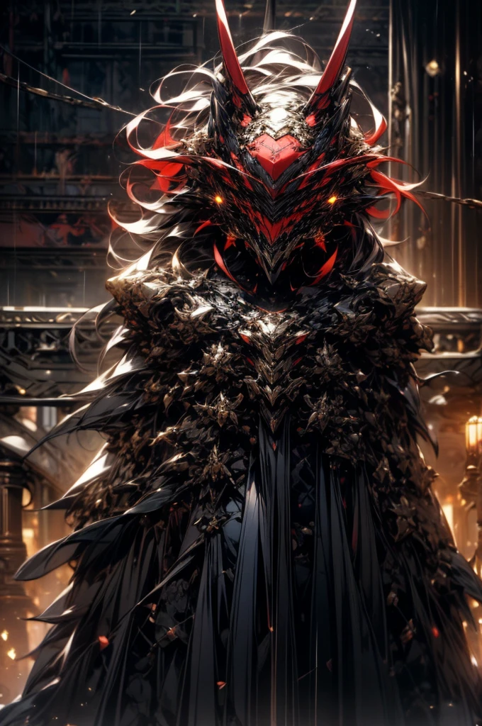 Perfect masterpiece, (Masterpiece:1.2), Best quality, high resolution, Beautiful detailed, Extremely detailed, Perfect lighting, high quality, high resolution, highest image quality, 8k hd. 
1guy. 
blood red and blue hair, Faceless, yellow eyes, glowing eyes, demon horns, long horns. 
Elegant. 
blood red and black uniform, battle armor, heavy metal, Energy lines, masks.
Night, flames on the background, dark clouds, thunderstorm, heavy rain. 
Dramatic lighting.
Highly detailed background.
