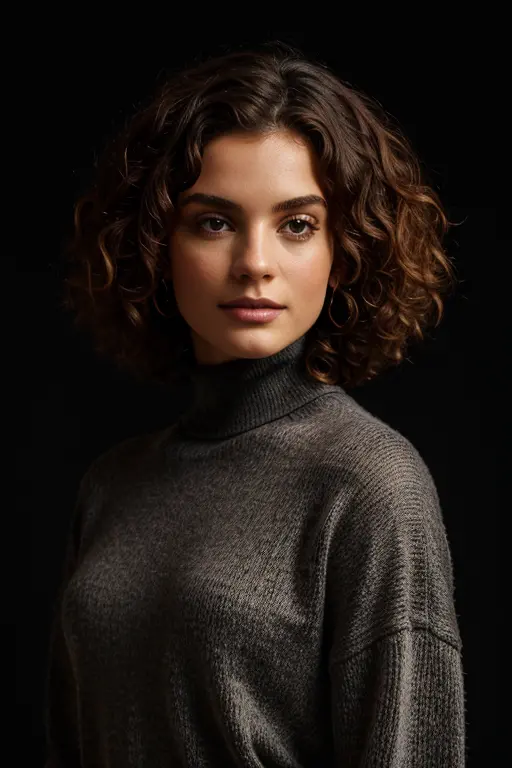 portrait photograph of a woman, human likeness, photomodel, bob hair, curly hair, black turtleneck sweater, grey  background cin...