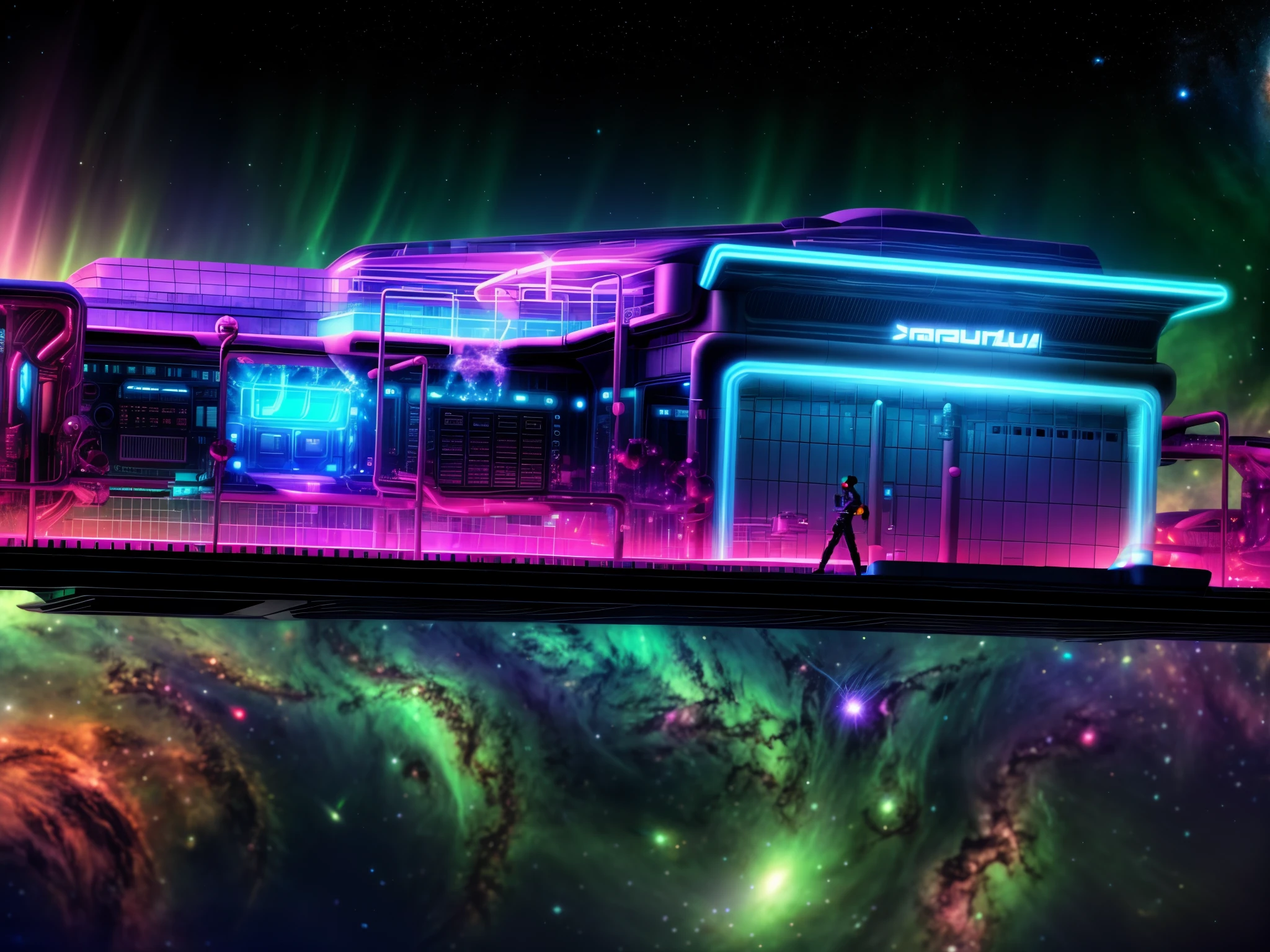 Futuristic Building, against space and galaxy nebula, spacecraft floating around, Neon light, neon, RGB color,