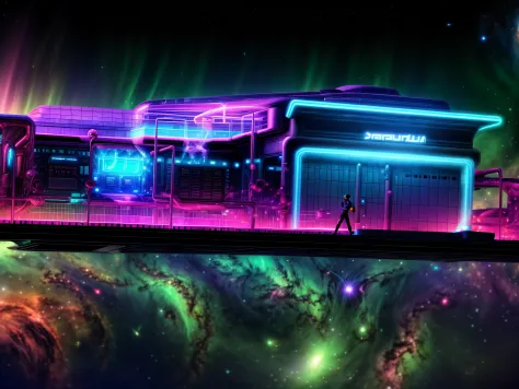 futuristic building, against space and galaxy nebula, spacecraft floating around, neon light, neon, rgb color,