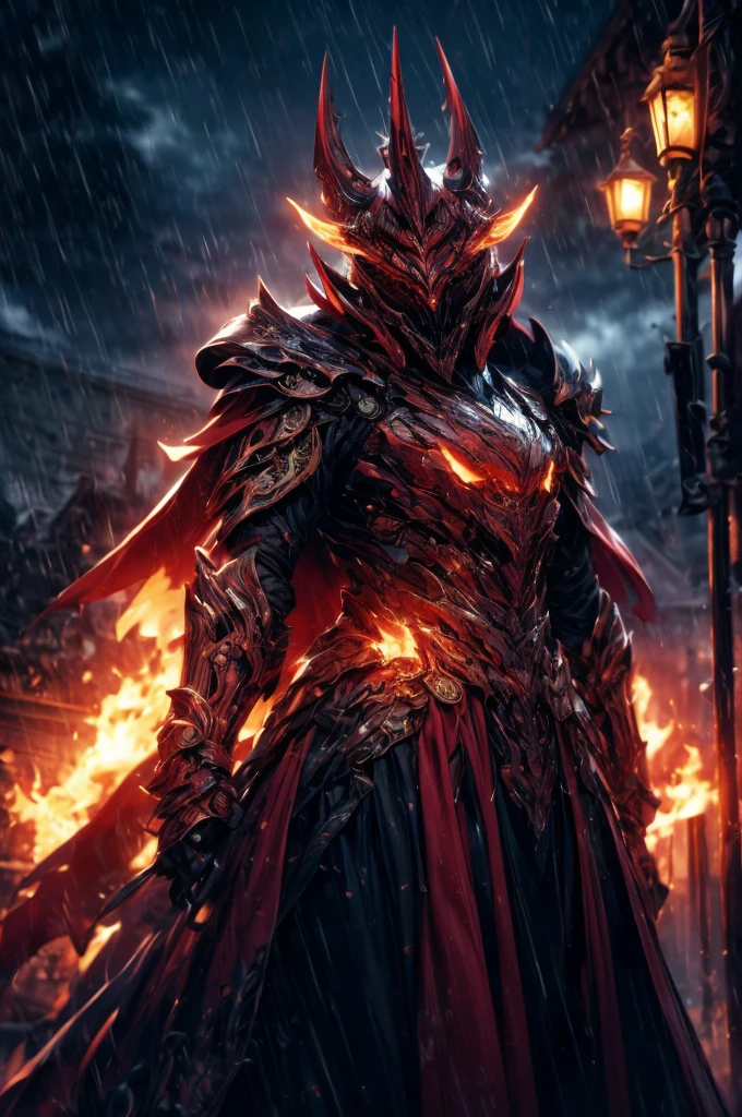 Perfect masterpiece, (Masterpiece:1.2), Best quality, high resolution, Beautiful detailed, Extremely detailed, Perfect lighting, high quality, high resolution, highest image quality, 8k hd. 
1guy. 
blood red and blue hair, Faceless, yellow eyes, glowing eyes, demon horns, long horns. 
Elegant. 
blood violet and red uniform, battle armor, heavy metal, Energy lines, masks.
Night, flames on the background, dark clouds, thunderstorm, heavy rain. 
Dramatic lighting.
Highly detailed background.
