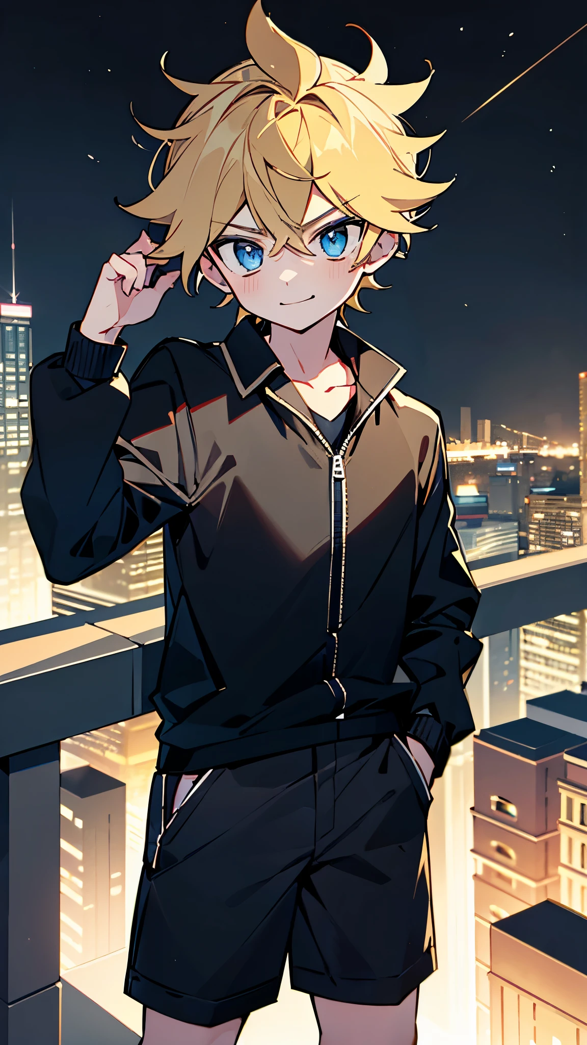 highres,wallpaper,solo,,1 boy,original,illustration,blue eyes,yellow hair,masterpiece,male,male focus,boy, ((masterpiece)),(((best quality))), (high-quality, breathtaking), (expressive eyes, perfect face), 1boy, solo, male, short,, on top of building, night sky, dark, buildings, wear short shorts, smirk,shorts:1.3,(black school uniform:1.3),bulge:1.2,black power ranger:1.3,sentai,black ranger, all black outfits:1.1,erect under pants,silky shirt :1.1,male focus:1.3