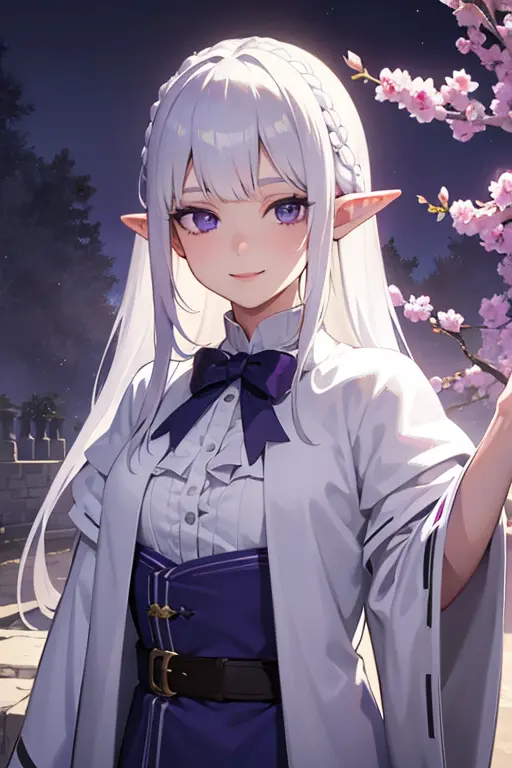 young elf girl, white hair, purple eyes, wearing a white and purple royal robe, outside of a mansion, day, realistic lighting, m...