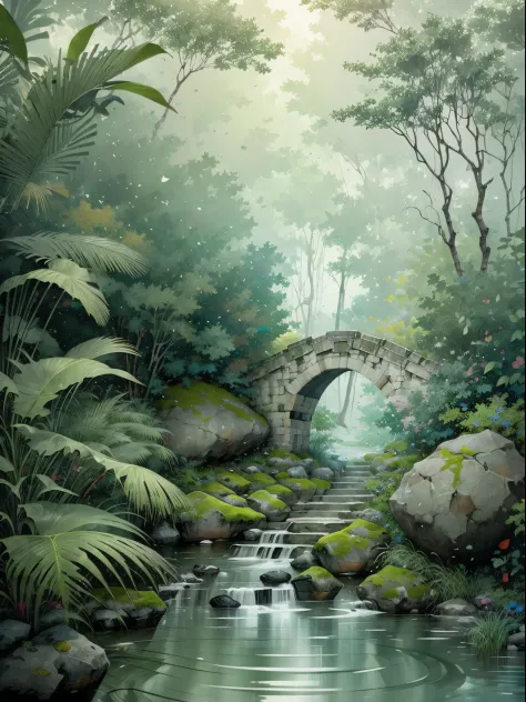 chinese ancient times, spring, jungle, lake, cave, waterfall, tree, meadow, rock, deer, hot spring, water vapor, (illustration: ...