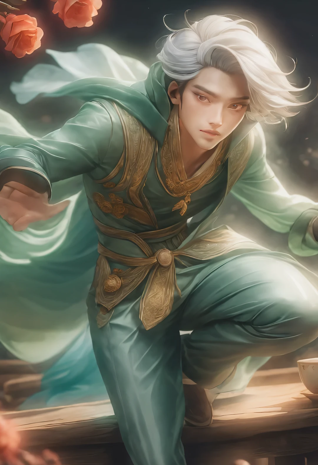 (male character design), whole body, Staring at the camera,
(Close-up of Chinese handsome boy Song Yu making tea), With silver curls and thick hair, Song Yu&#39;s facial features are correct，Symmetrical face shape. His eyebrows are long and thick, slightly raised, Gives people a sense of confidence and persistence. His eyes were bright and vibrant, Like a star, Revealing a kind of wisdom and agility. His nose was straight，Does not protrude, It gives a noble temperament. His lips were rosy and full, Slightly upturnedGive people a kind of tenderness亲切的感觉, Have smooth and flawless facial lines, perfect as a sculpture. Lips are red and plump, Slightly upturned, Give people a kind of tenderness、friendly feeling. His smile is bright and natural, reveal a kindness、Tolerant demeanor. The lines of his lips are soft and smooth, There are no flaws, Like delicate rose petals. As far as skin is concerned, Song Yi’s skin is fair and delicate, Smooth as white jade，No wrinkles, young as a boy. Skin appears healthy、Radiant appearance, Gives people a fresh and pure feeling. His cheeks flushed slightly, Revealing a hint of bitterness and cuteness (Wearing an emerald veil),
HD, high quality, HD Analysis, 32k, Surrealism,