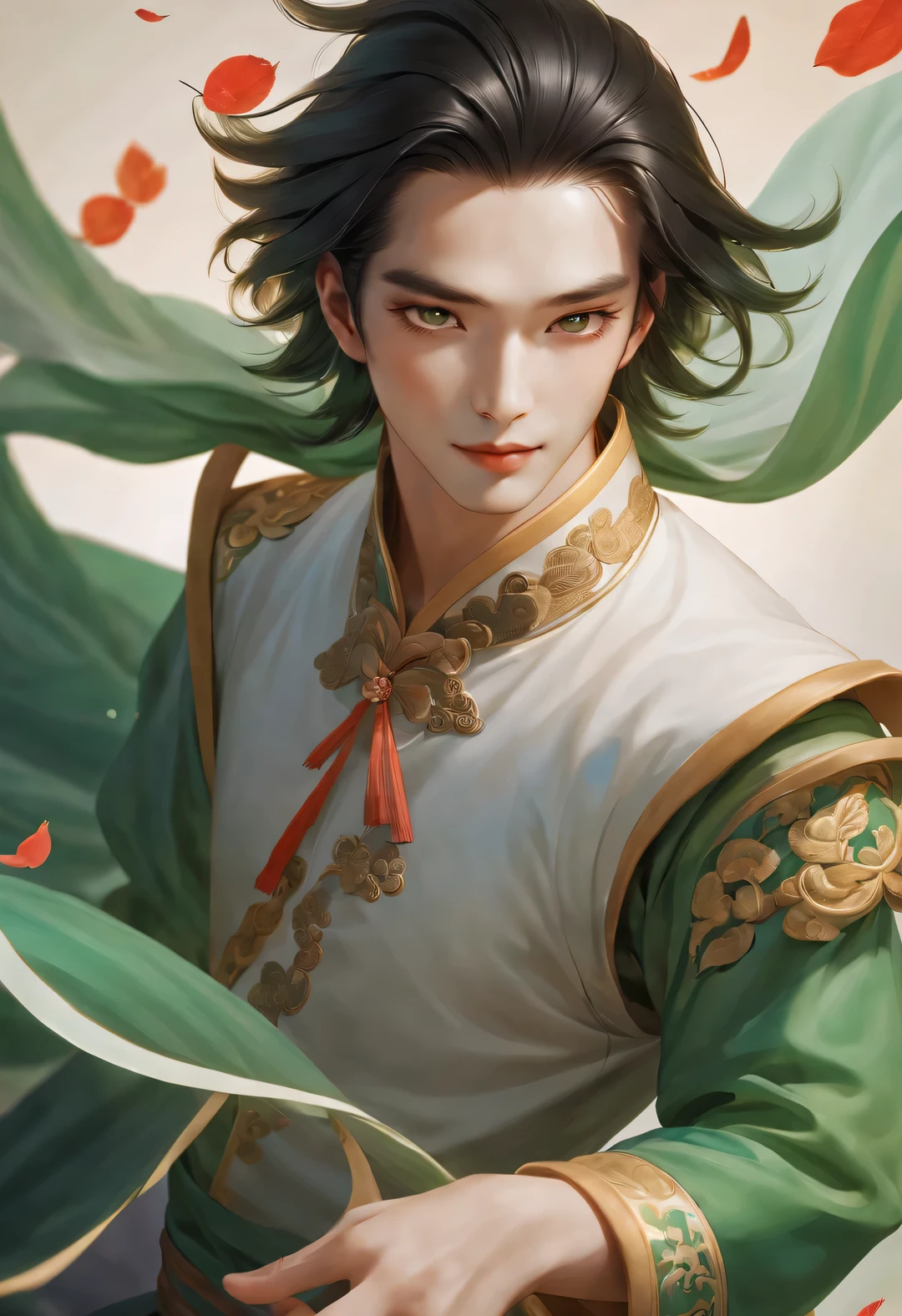 (male character design), whole body, Staring at the camera,
Close-up of a beautiful Chinese girl named Song Yu making tea, With silver curls and thick hair. Song Yu&#39;s facial features are correct，Symmetrical face shape. His eyebrows are long and thick, slightly raised, Gives people a sense of confidence and persistence. His eyes were bright and vibrant, Like a star, Revealing a kind of wisdom and agility. His nose was straight，Does not protrude, It gives a noble temperament. His lips were rosy and full, Slightly upturnedGive people a kind of tenderness亲切的感觉, Have smooth and flawless facial lines, perfect as a sculpture. Lips are red and plump, Slightly upturned, Give people a kind of tenderness、friendly feeling. His smile is bright and natural, reveal a kindness、Tolerant demeanor. The lines of his lips are soft and smooth, There are no flaws, Like delicate rose petals. As far as skin is concerned, Song Yi’s skin is fair and delicate, Smooth as white jade，No wrinkles, young as a boy. Skin appears healthy、Radiant appearance, Gives people a fresh and pure feeling. His cheeks flushed slightly, Revealing a hint of bitterness and cuteness (Wearing an emerald veil),
HD, high quality, HD Analysis, 32k, Surrealism,