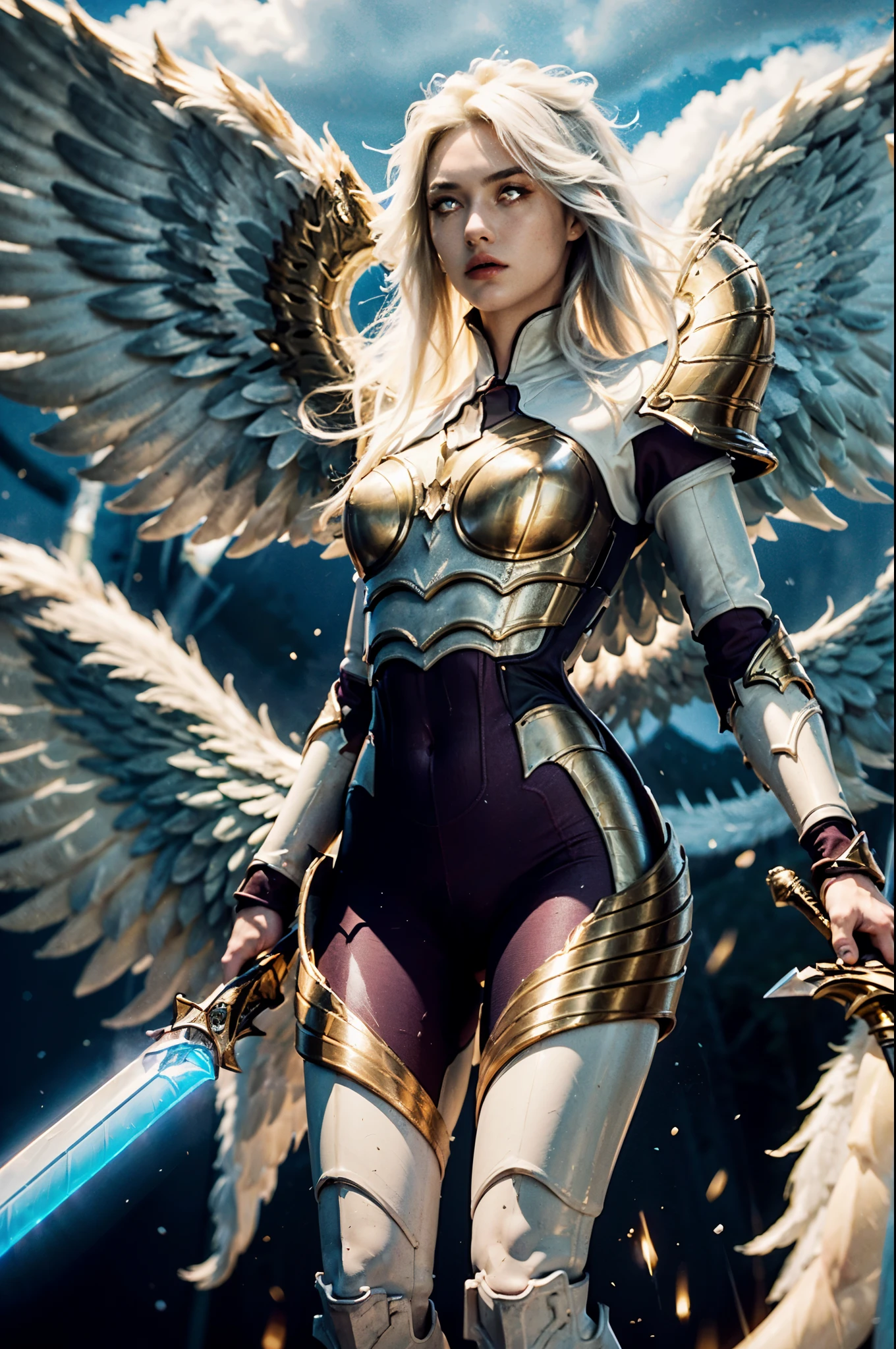 (1fille), (seulement), Kayle \(League of Legends\), La plus haute qualité d&#39;image, Photographie RAW, chef-d&#39;œuvre, (photoréaliste:1.4), absurdes, ultra détaillé, hyper réaliste, rendu octan, netteté, éclairage cinématographique, (ange, grandes ailes d&#39;ange blanches), longues jambes parfaites, ((Épée de feu)), Armure céleste blanche et dorée, Des cheveux blonds qui volent au vent, Elle vole dans les nuages