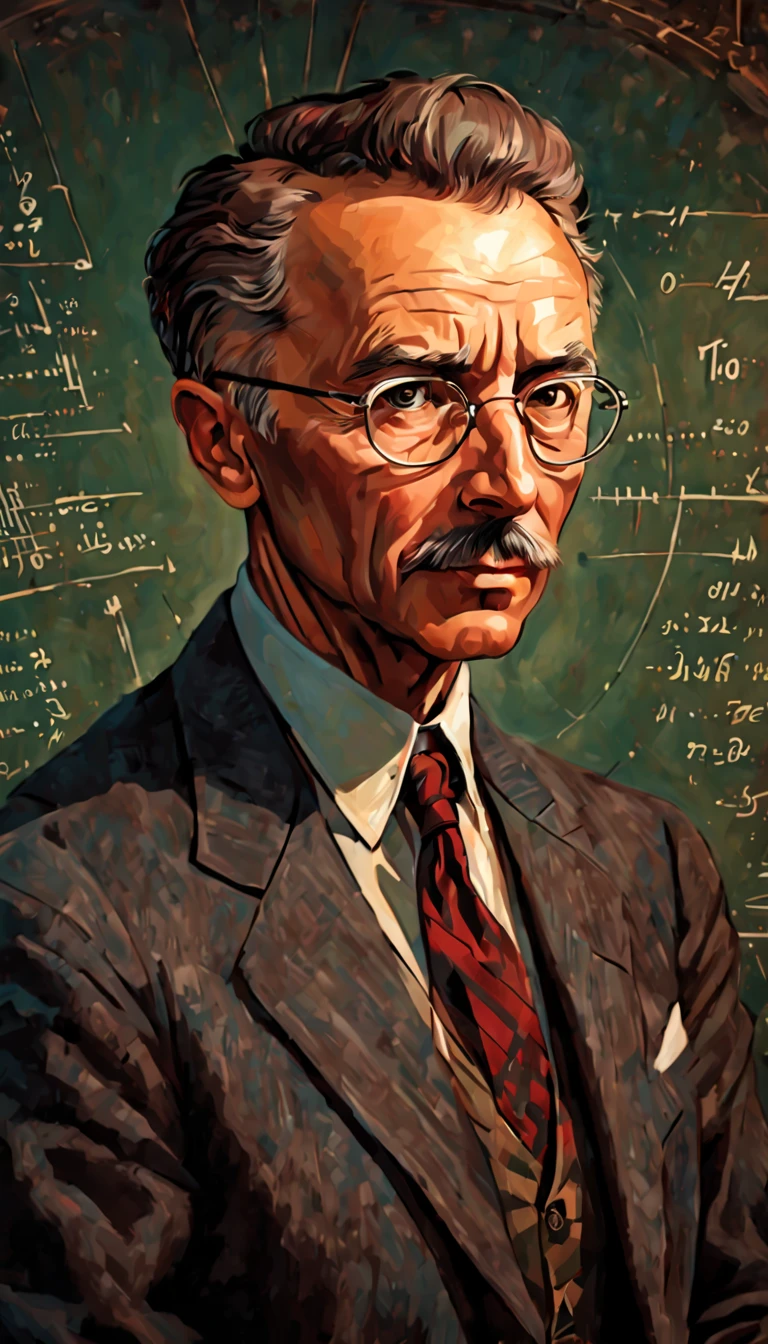 best quality,portrait's painting style,ultra-detailed,realistic colors,high-res, Young Adult Robert Oppenheimer,eminent physicist,detailed face and expression,serious gaze,T-shaped glasses,beard and mustache,shadowy lighting, 1940s attire,tweed jacket and bow tie,background with scientific symbols and equations,vibrant and contrasted colors, oil painting effect,meticulous brushstrokes,aged canvas texture, intense and dramatic atmosphere,captures the complexity of Oppenheimer's character and contributions to the atomic bomb, inspires sadness and reflection, visible drawing lines, black formal suit, 8k resolution,.