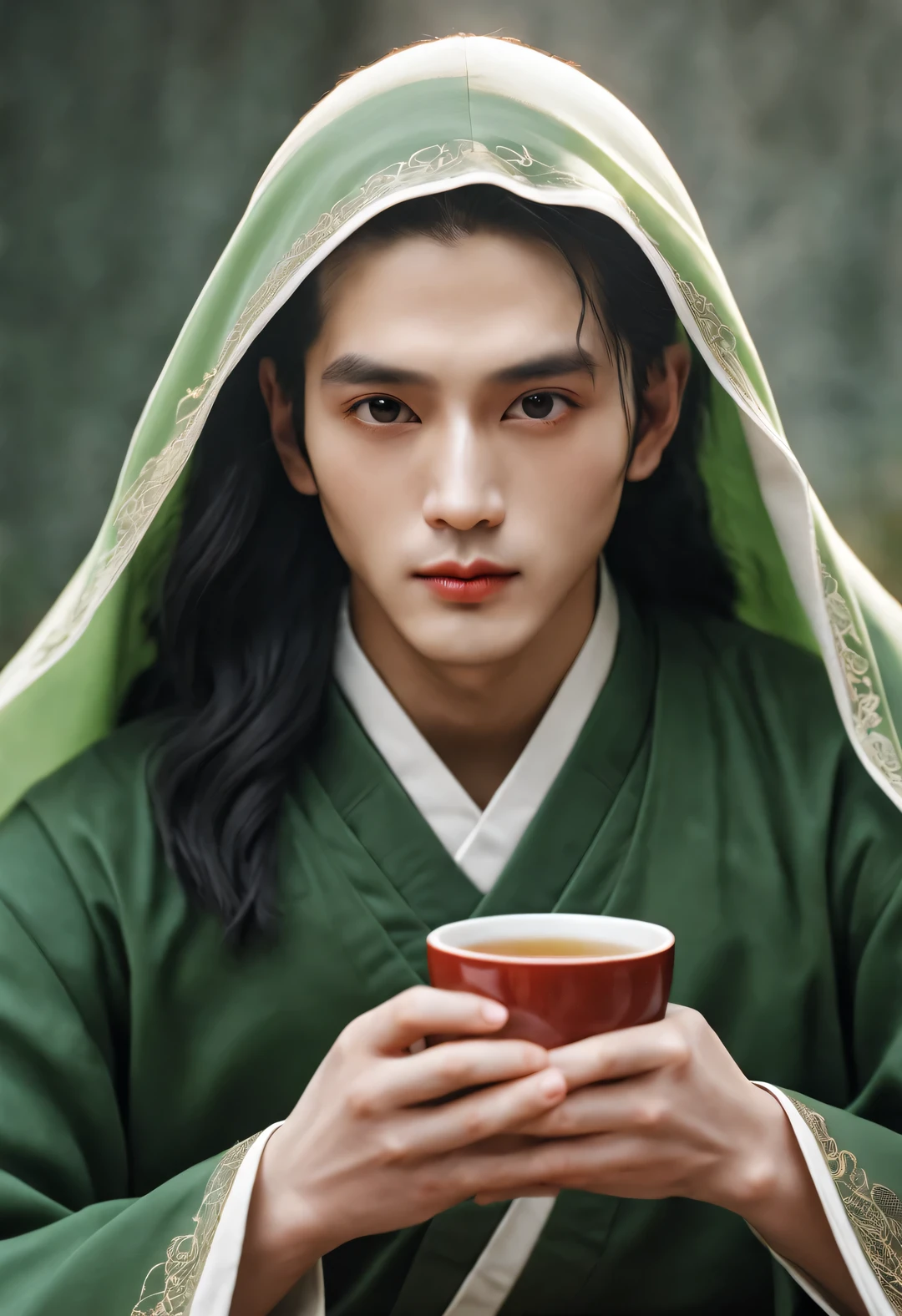 (male character design), whole body, Staring at the camera,
Close-up of a beautiful Chinese girl named Song Yu making tea, With silver curls and thick hair. Song Yu&#39;s facial features are correct，Symmetrical face shape. His eyebrows are long and thick, slightly raised, Gives people a sense of confidence and persistence. His eyes were bright and vibrant, Like a star, Revealing a kind of wisdom and agility. His nose was straight，Does not protrude, It gives a noble temperament. His lips were rosy and full, Slightly upturnedGive people a kind of tenderness亲切的感觉, Have smooth and flawless facial lines, perfect as a sculpture. Lips are red and plump, Slightly upturned, Give people a kind of tenderness、friendly feeling. His smile is bright and natural, reveal a kindness、Tolerant demeanor. The lines of his lips are soft and smooth, There are no flaws, Like delicate rose petals. As far as skin is concerned, Song Yi’s skin is fair and delicate, Smooth as white jade，No wrinkles, young as a boy. Skin appears healthy、Radiant appearance, Gives people a fresh and pure feeling. His cheeks flushed slightly, Revealing a hint of bitterness and cuteness (Wearing an emerald veil),
HD, high quality, HD Analysis, 32k, Surrealism,