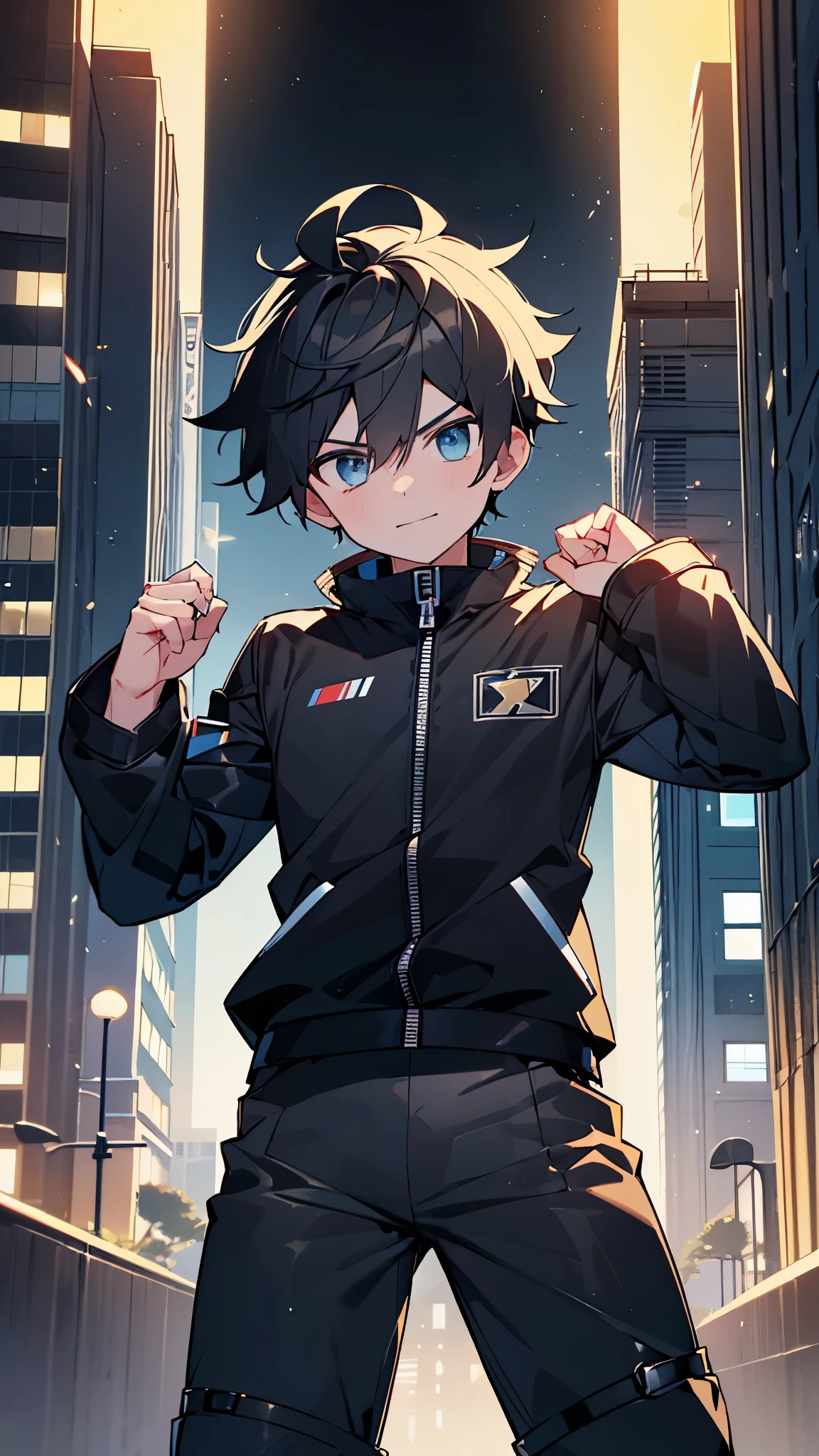 highres,wallpaper,solo,,1 boy,original,illustration,blue eyes,yellow hair,masterpiece,male,male focus,boy, ((masterpiece)),(((best quality))), (high-quality, breathtaking), (expressive eyes, perfect face), 1boy, solo, male, short,, on top of building, night sky, dark, buildings, wear short shorts, smirk,shorts:1.3,(black rubber combatant uniform:1.1,bulge,black power ranger:1.3,sentai,black:1.3, all black outfits:1.1,erect under pants),silky:1.1,rubber uniform 