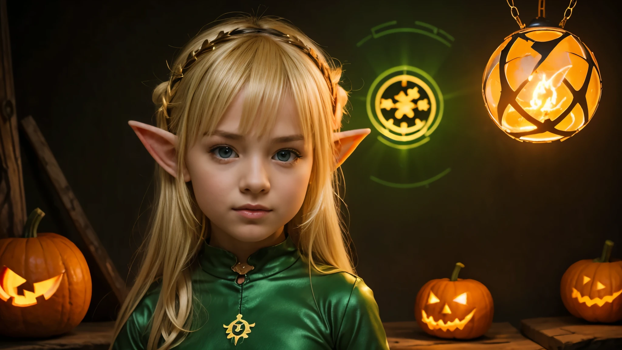 Cute portrait of a blonde elf  holding a jack-o&#39;-lanterna verde, laser verde.