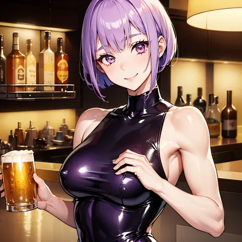 (((1girl) ,pale skin, Masterpiece, ultra quality)), purple short hair, red eyes, posing to pictures, muscle body,strong body,sexy latex minidress,nsfw,  oiled body, drinking a beer, smiling, on a bar