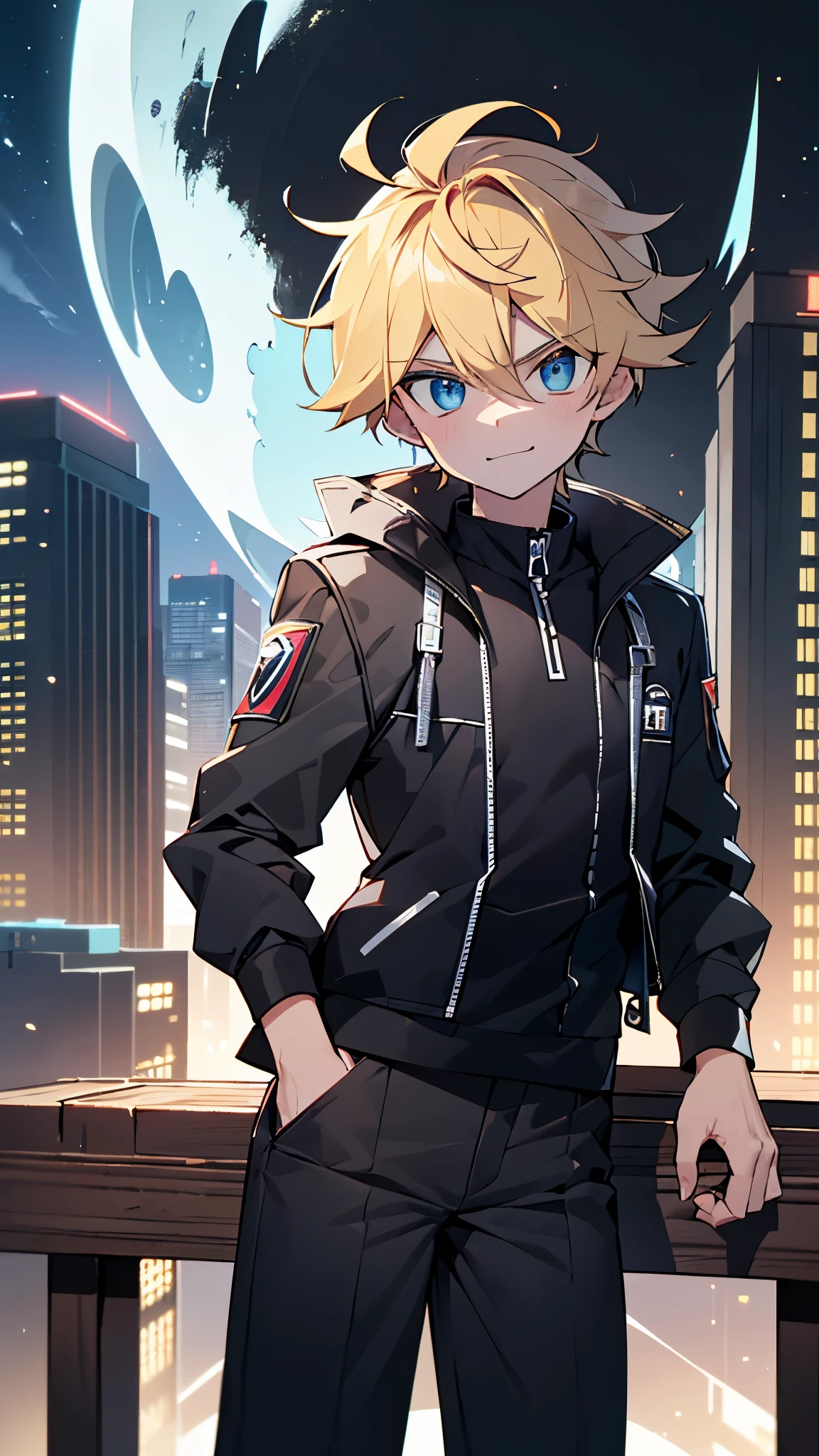 highres,wallpaper,solo,,1 boy,original,illustration,blue eyes,yellow hair,masterpiece,male,male focus,boy, ((masterpiece)),(((best quality))), (high-quality, breathtaking), (expressive eyes, perfect face), 1boy, solo, male, short,, on top of building, night sky, dark, buildings, wear short shorts, smirk,shorts:1.3,(black rubber combatant uniform:1.1,bulge:1.4,dark power:1.3,sentai,black:1.3, all black outfits:1.1,erect under pants),silky:1.1,rubber uniform 